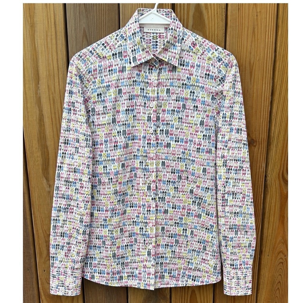 Eterna Women's Novelty Shoe Print Button Down Shirt EU 36 US 6 Preppy Cotton - Picture 3 of 9